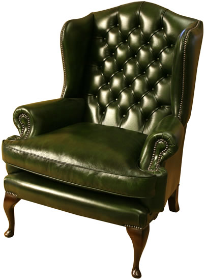 Royal Wing Chair Green Leather Mahogany Queen Ann Legs